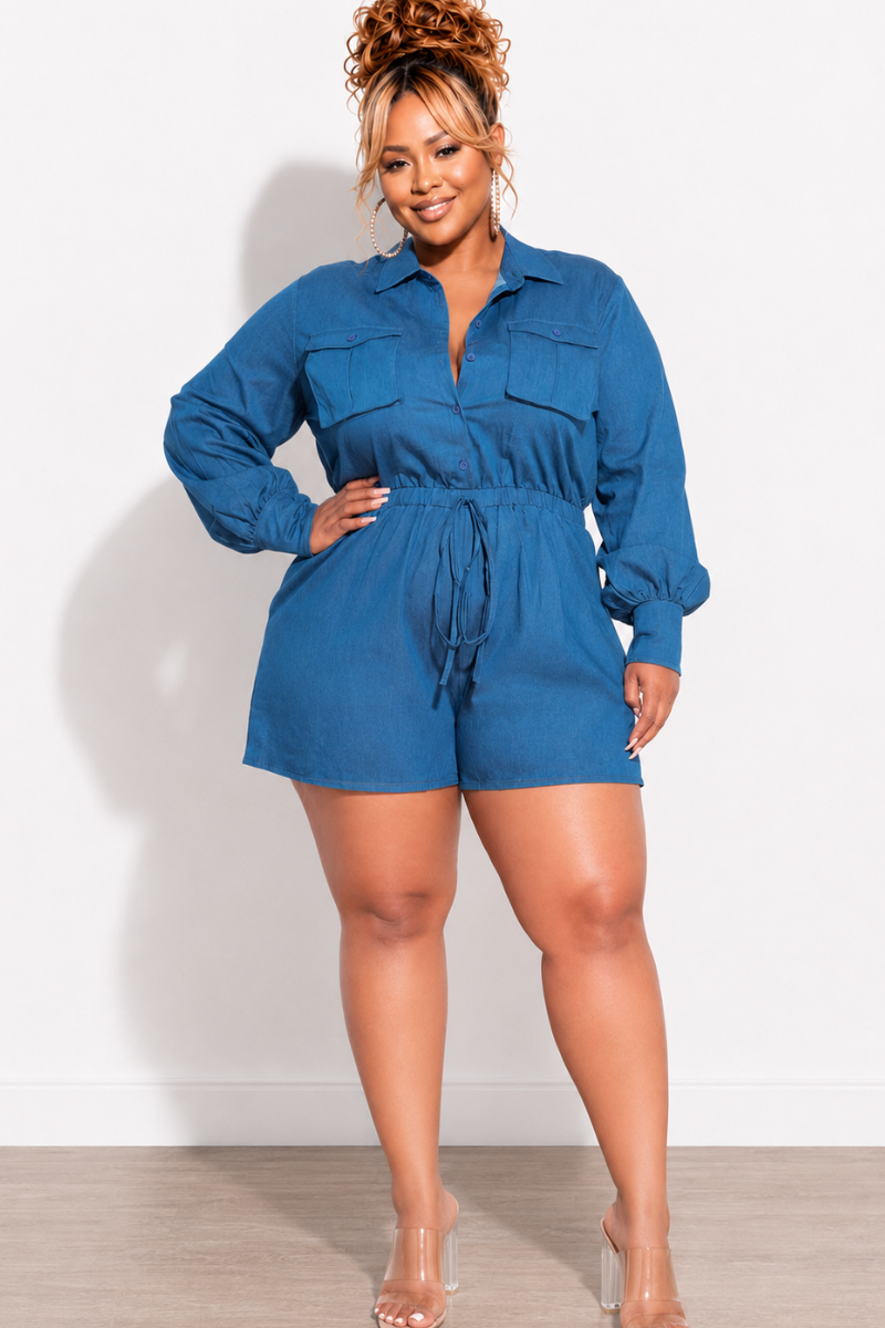 Final Sale Plus Size Long Sleeve Button Up Romper with Waist Tie in Denim