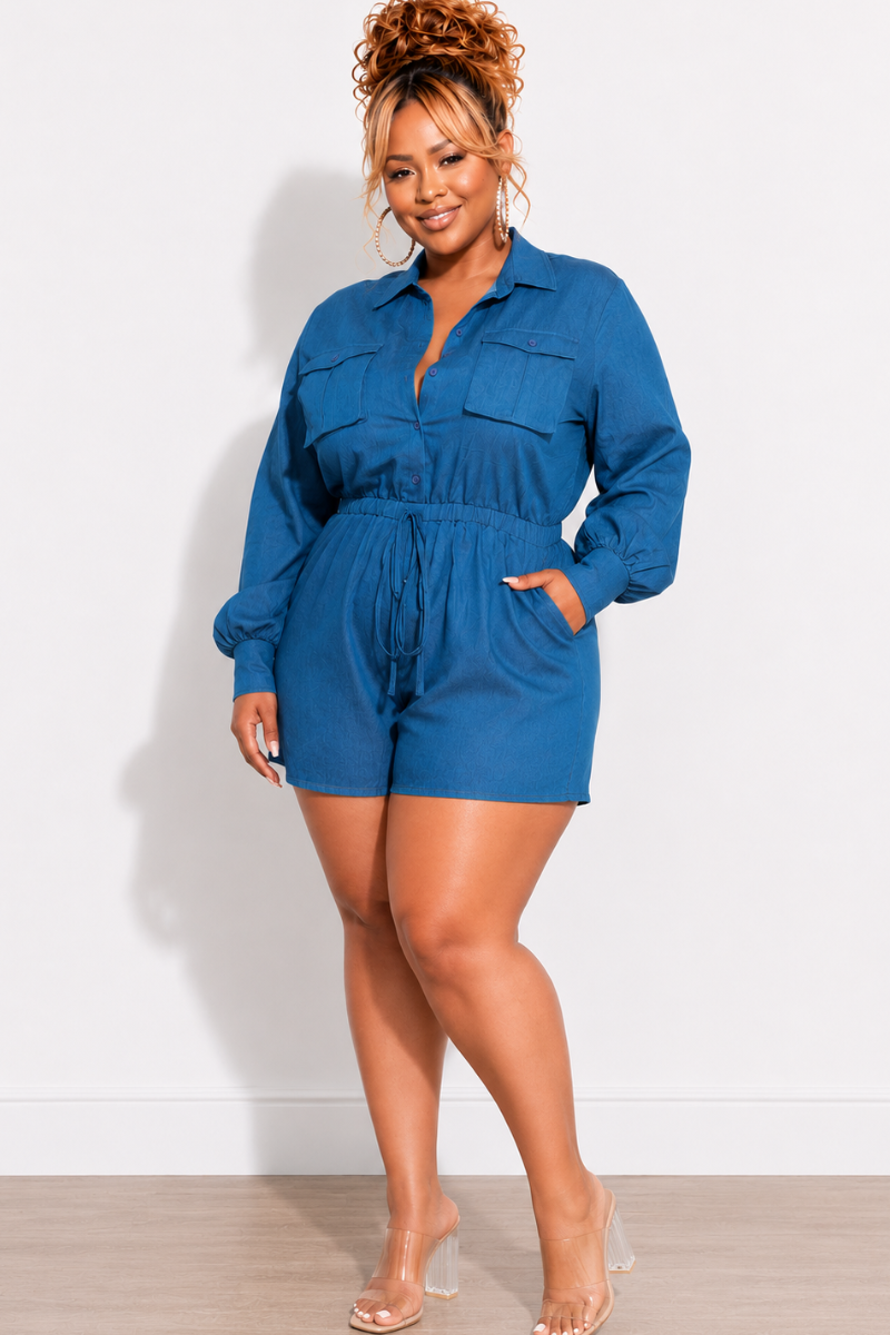 Final Sale Plus Size Long Sleeve Button Up Romper with Waist Tie in Denim