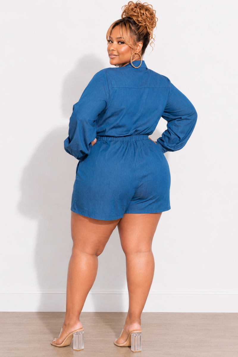Final Sale Plus Size Long Sleeve Button Up Romper with Waist Tie in Denim