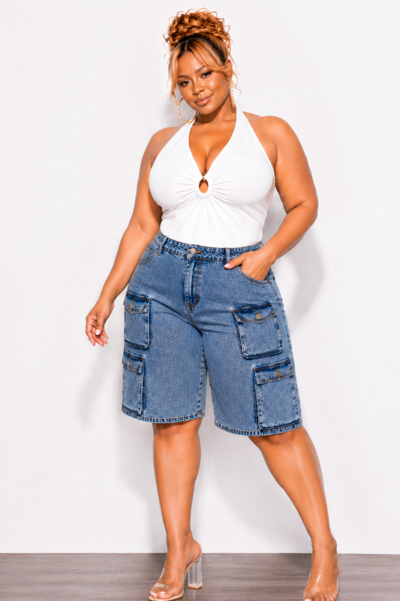 Final Sale Plus Size Acid Wash Cargo Denim Jorts Shorts in Denim