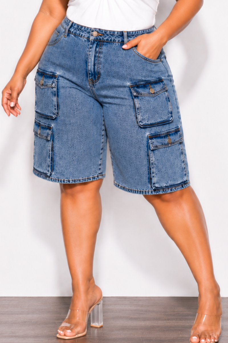Final Sale Plus Size Acid Wash Cargo Denim Jorts Shorts in Denim