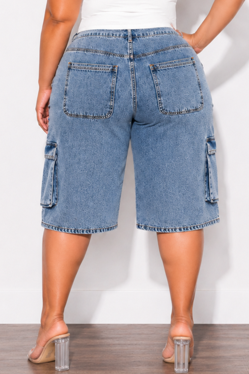 Final Sale Plus Size Acid Wash Cargo Denim Jorts Shorts in Denim