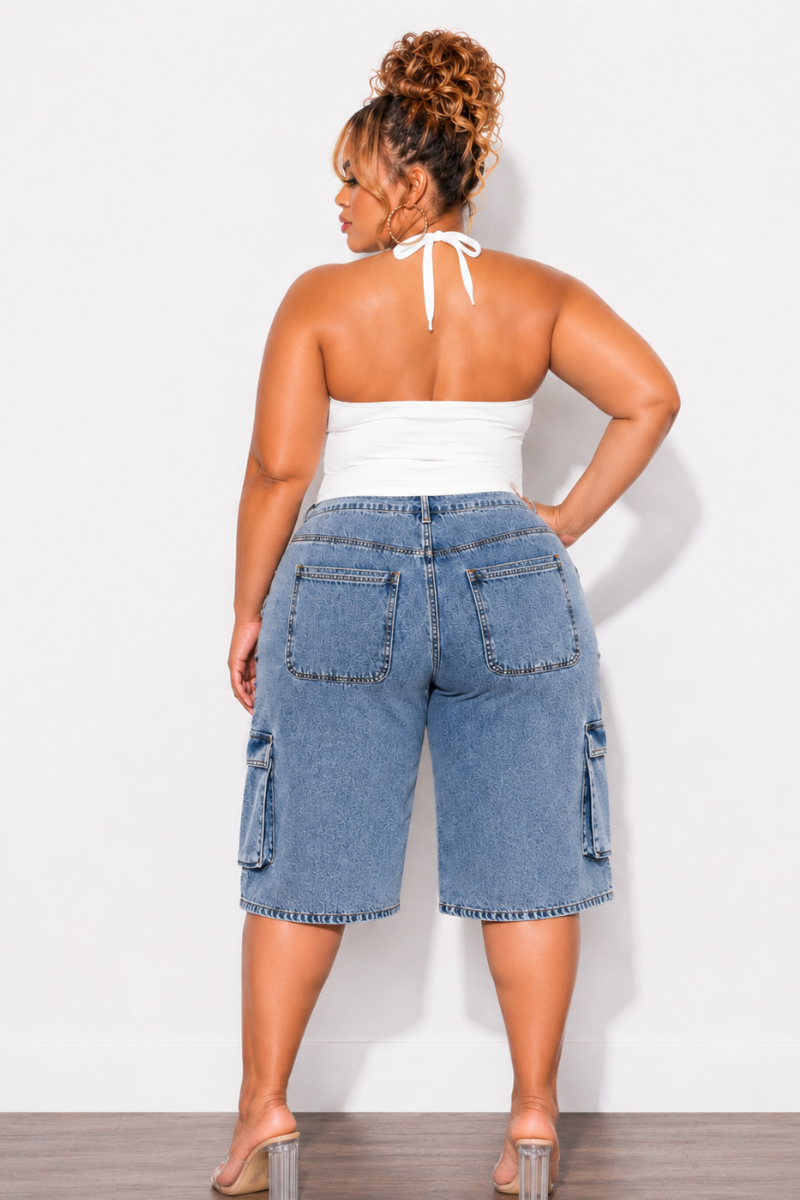 Final Sale Plus Size Acid Wash Cargo Denim Jorts Shorts in Denim