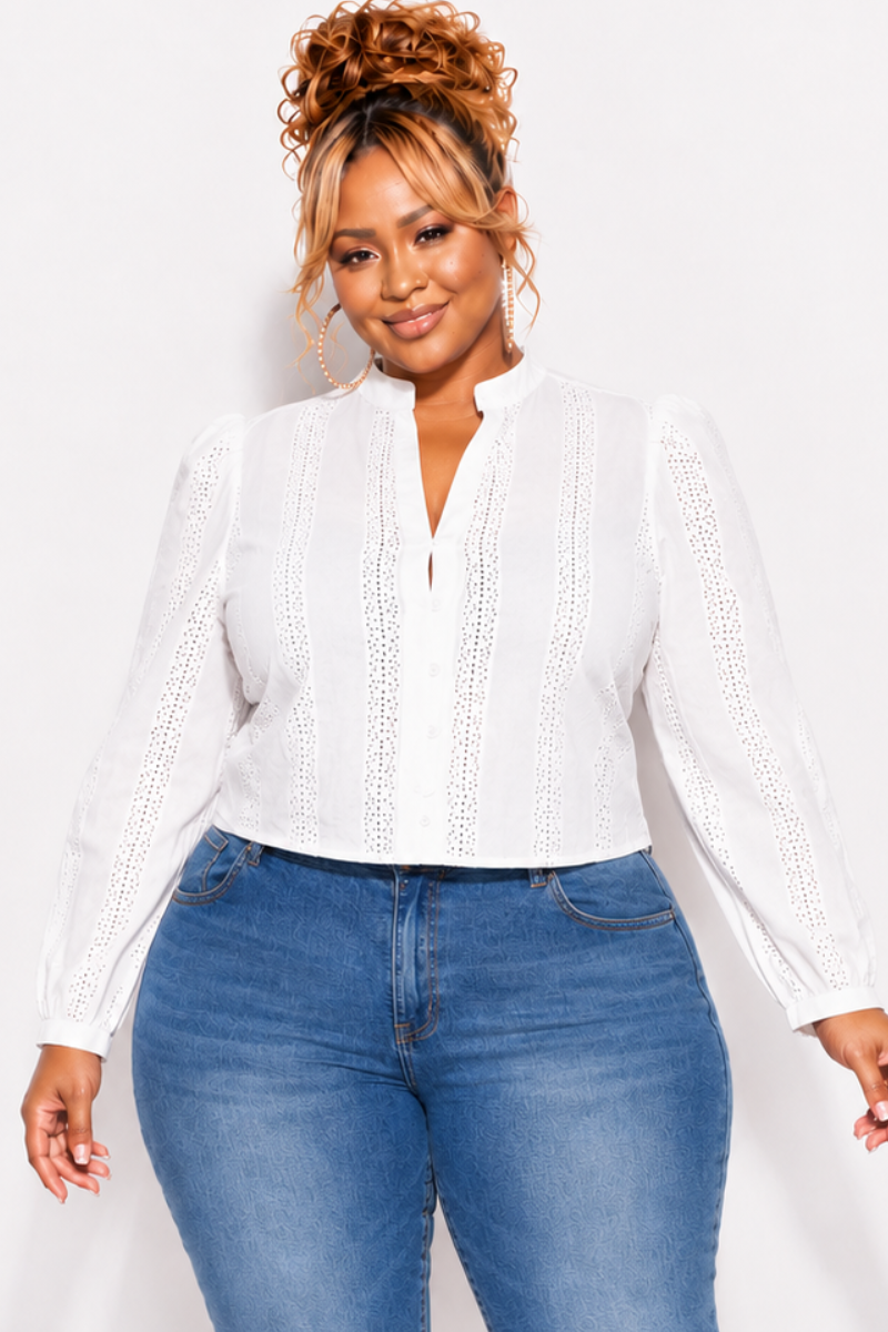 Final Sale Plus Size Eyelet Button Down Blouse Top in White