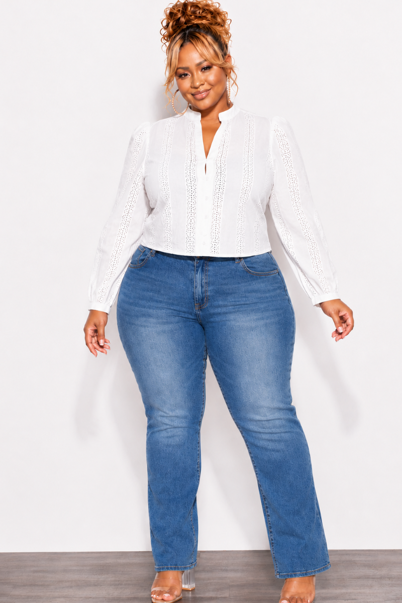 Final Sale Plus Size Eyelet Button Down Blouse Top in White