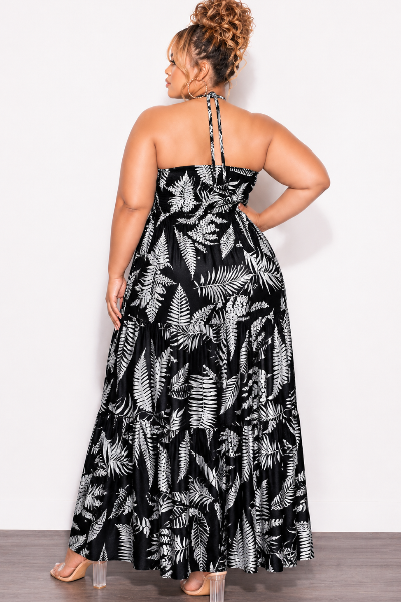 Final Sale Plus Size Halter Tiered Dress in Black and White Leaf Print