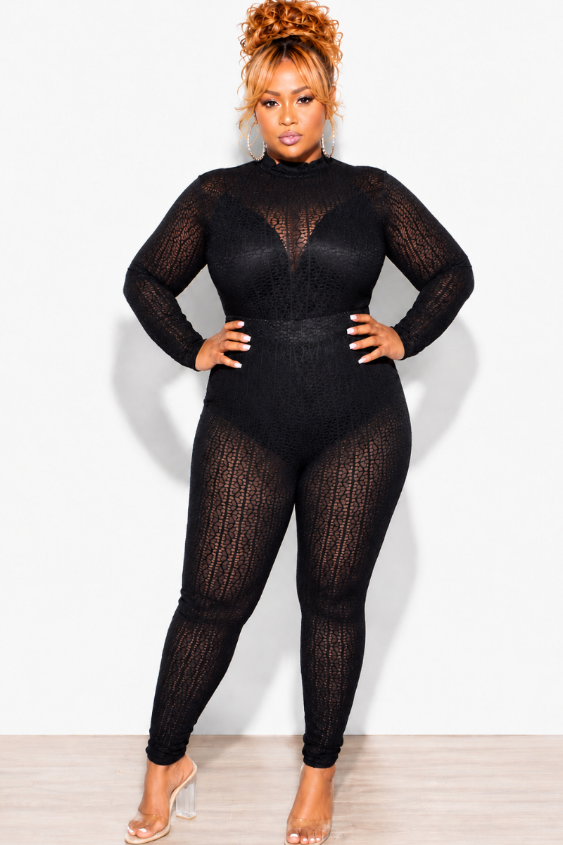 Final Sale Plus Size 2pc Sheer Lace Bodysuit Pants Set in Black (This is a Set)