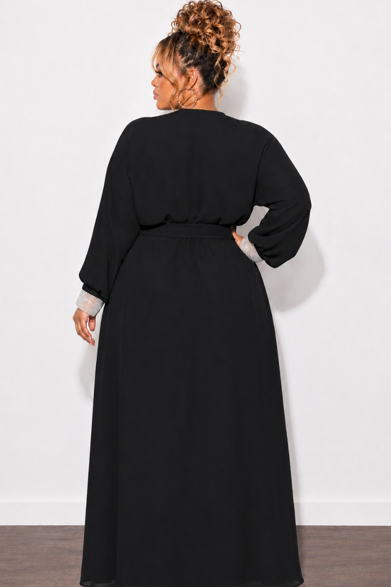 Final Sale Plus Size Sheer Chiffon Duster with Waist Tie and Rhinestone Cuff in Black