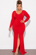 Final Sale Plus Size V-Neck Gown with Center Ruching and Slit in Red