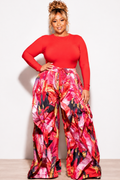 Final Sale Plus Size Oversized Windbreaker Ruffle Trim Wide Leg Pants in Red Design Print