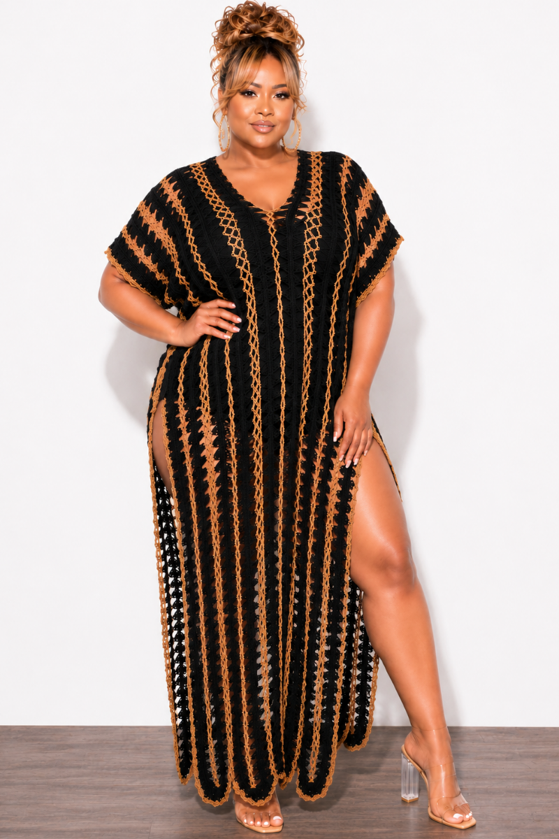 Final Sale Plus Size Crochet Cover Up in Black & Tan