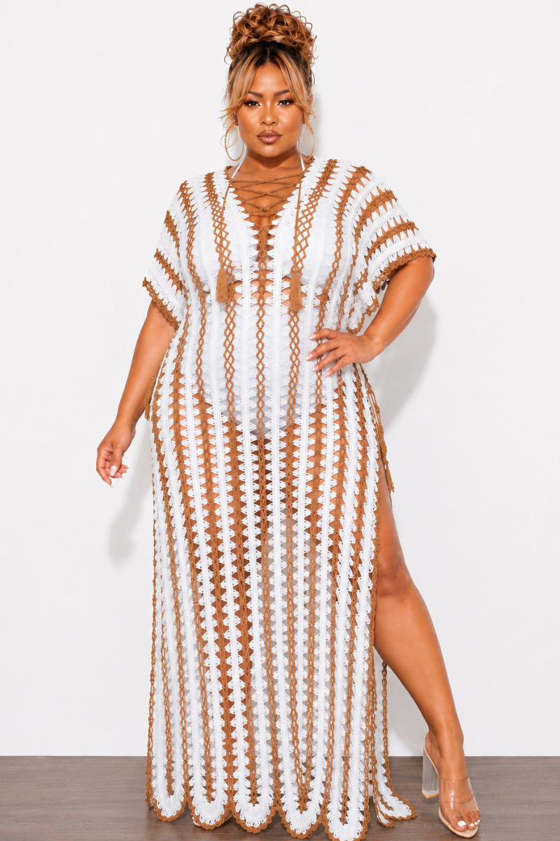 Final Sale Plus Size Crochet Cover Up in White & Tan