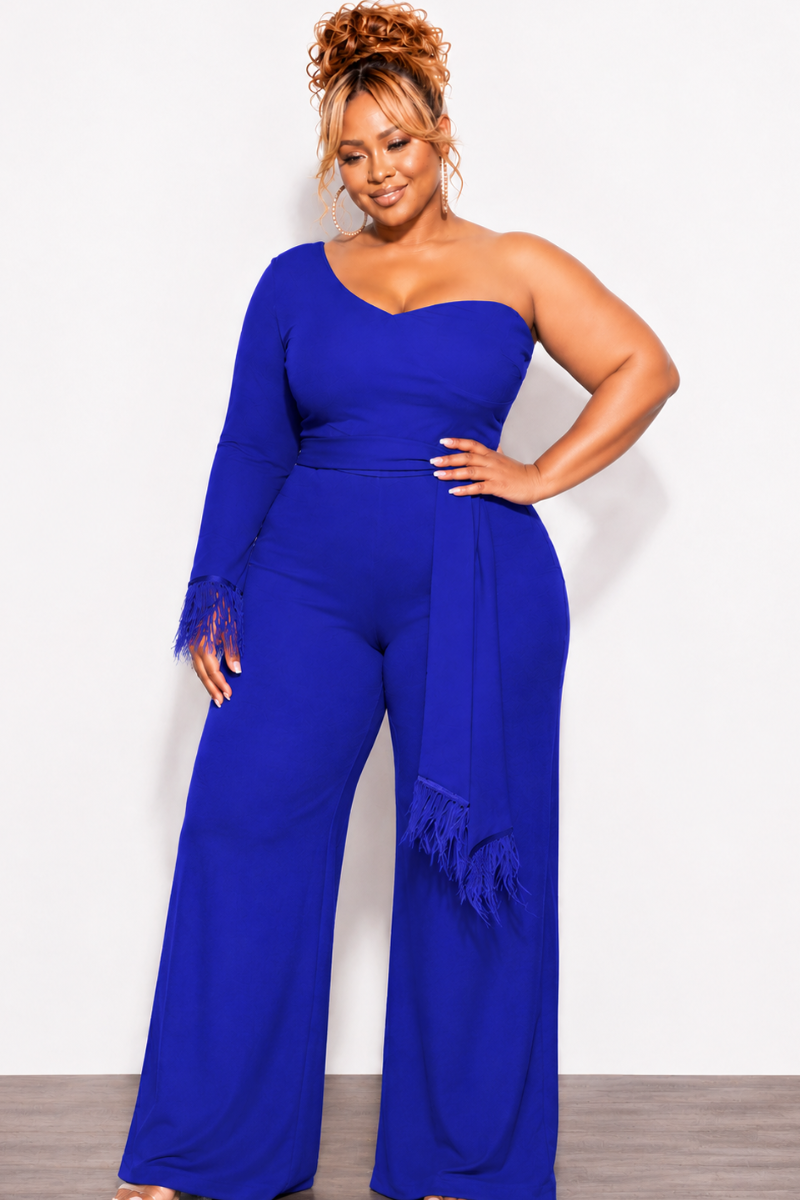 Final Sale Plus Size One Shoulder Long Sleeve Feather Cuff Jumpsuit with Tie in Royal Blue