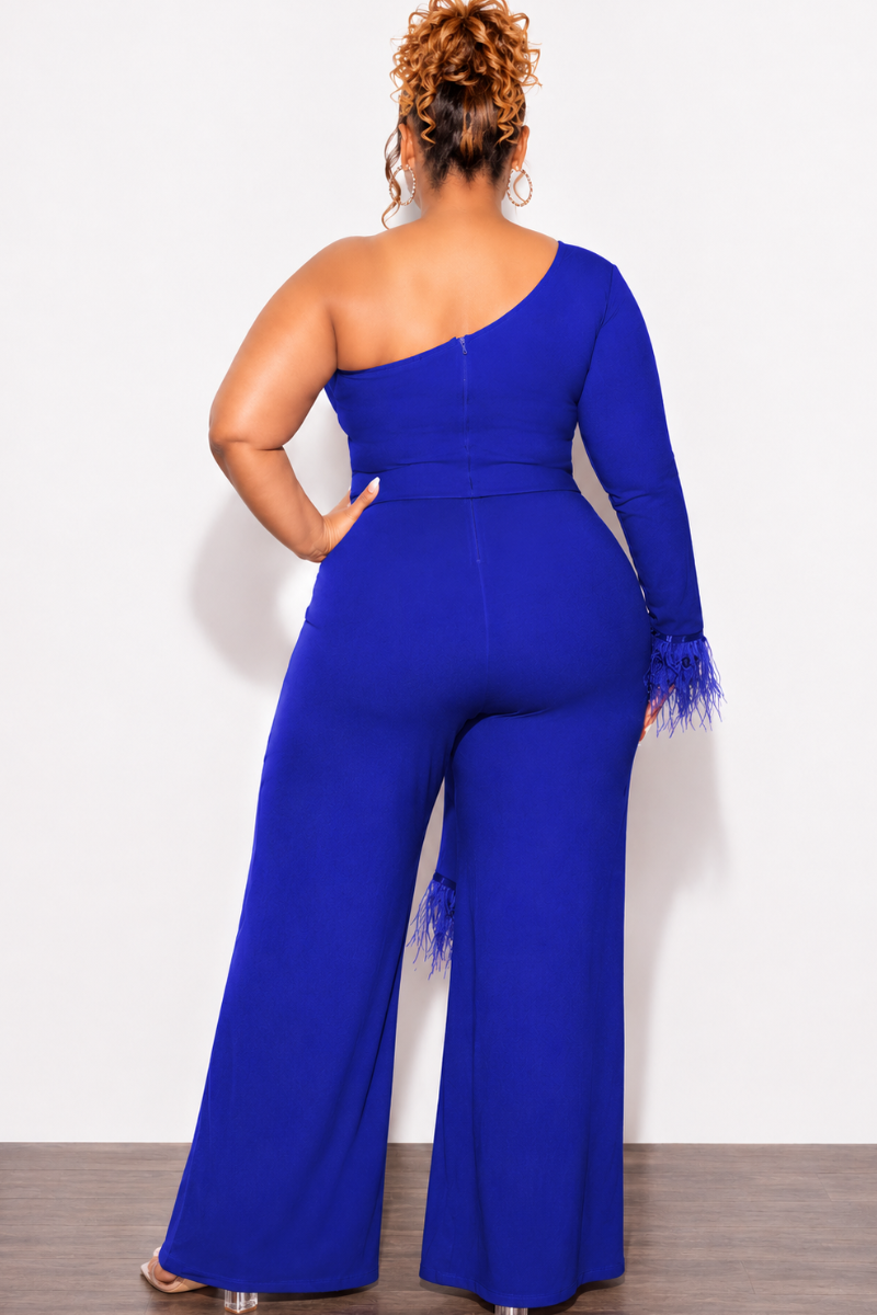 Final Sale Plus Size One Shoulder Long Sleeve Feather Cuff Jumpsuit with Tie in Royal Blue