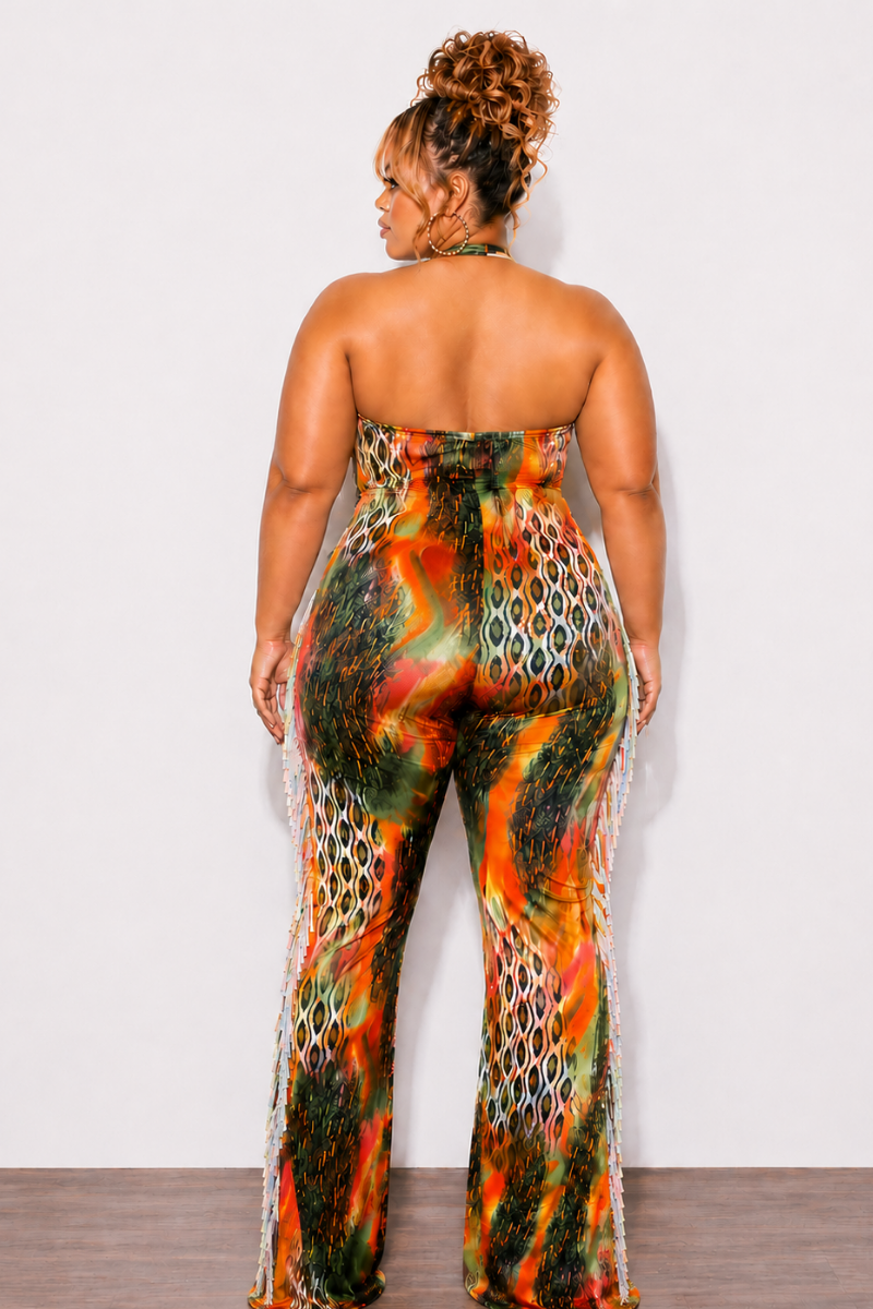 Final Sale Plus Size Halter Fringe Jumpsuit in Orange Multi-Color Print
