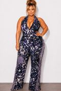 Final Sale Plus Size Halter Fringe Jumpsuit in Purple Print