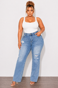 Final Sale Plus Size Fitted Stretchy High Waist Distressed Flare Jeans In Light Wash Denim