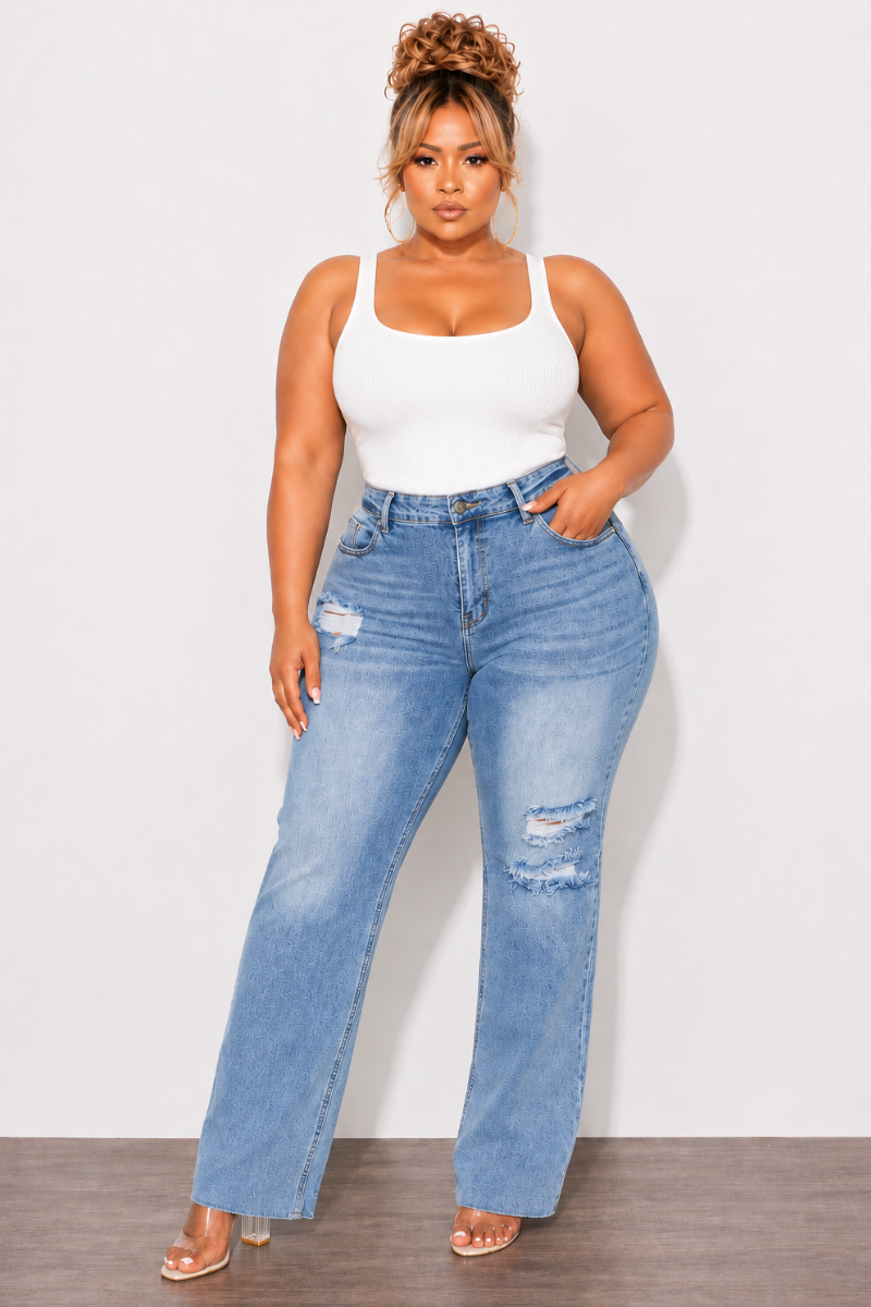 Final Sale Plus Size Fitted Stretchy High Waist Distressed Flare Jeans In Light Wash Denim