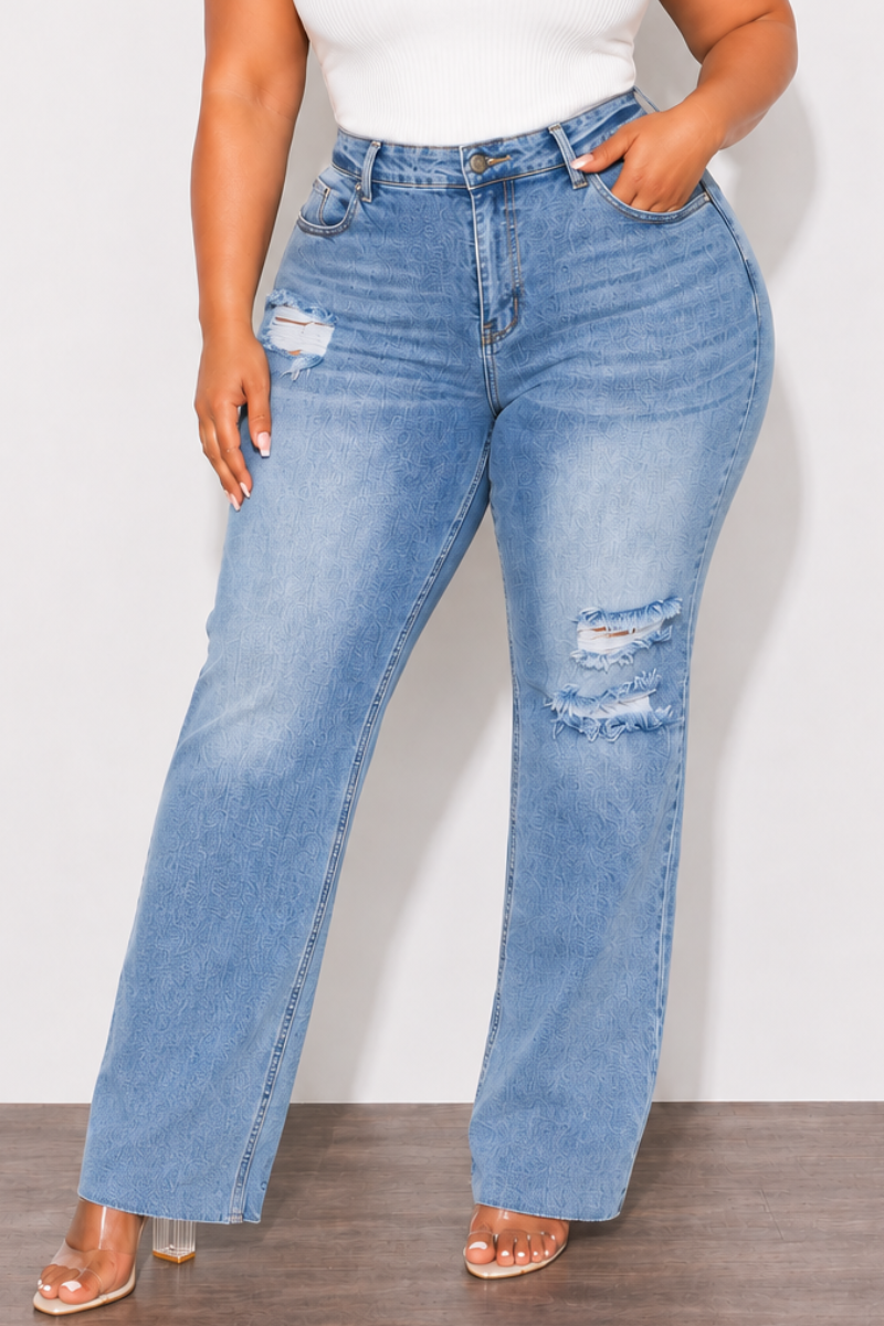 Final Sale Plus Size Fitted Stretchy High Waist Distressed Flare Jeans In Light Wash Denim