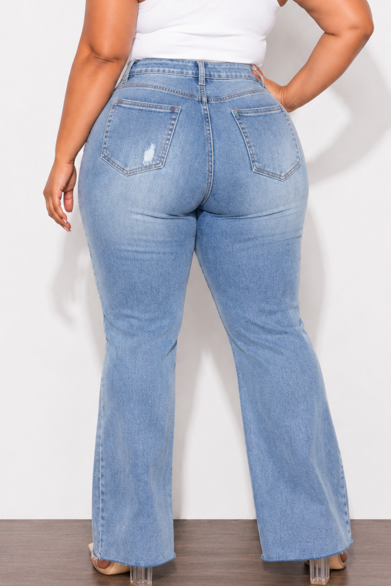 Final Sale Plus Size Fitted Stretchy High Waist Distressed Flare Jeans In Light Wash Denim