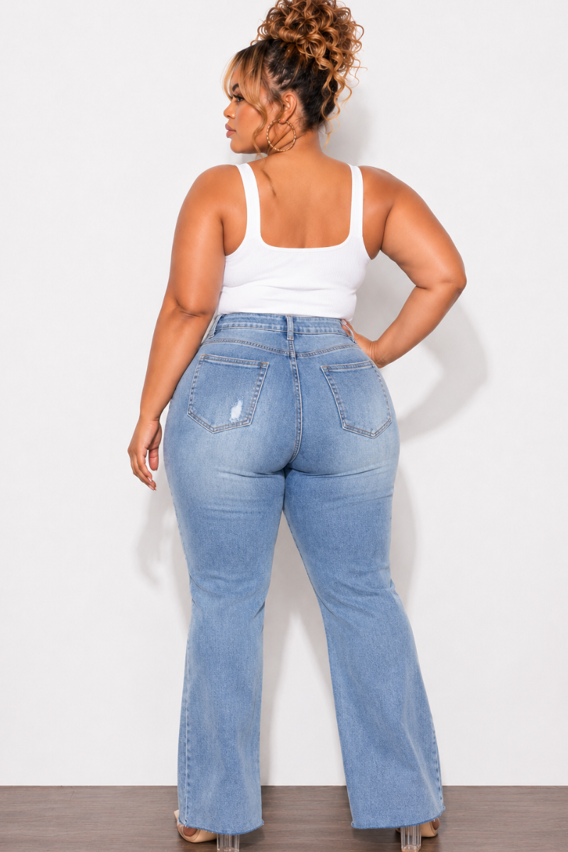 Final Sale Plus Size Fitted Stretchy High Waist Distressed Flare Jeans In Light Wash Denim
