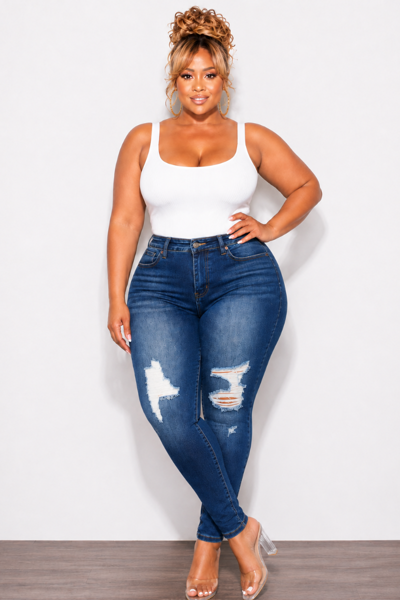 Final Sale Plus Size Fitted Stretchy High Waist Ripped/Distressed Skinny Jeans In Dark Denim