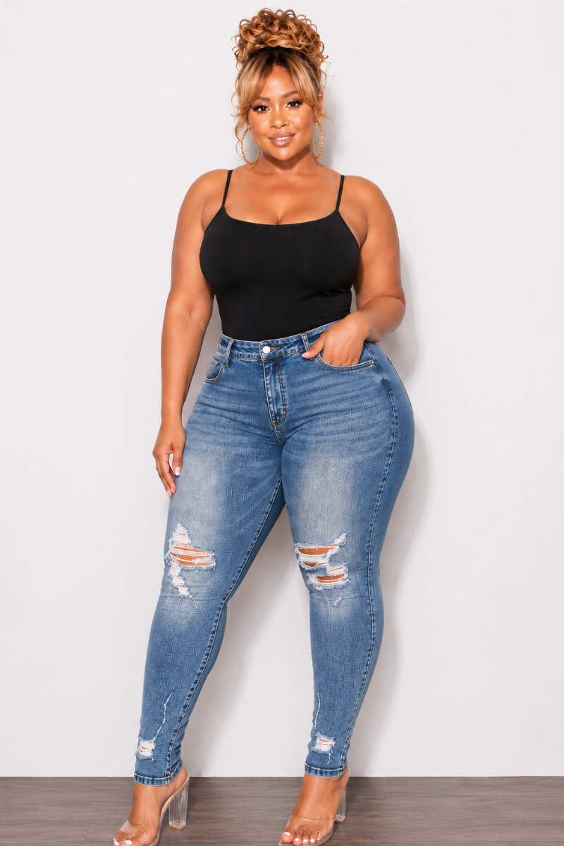 Final Sale Plus Size Fitted Ripped Skinny Jeans in Medium Wash