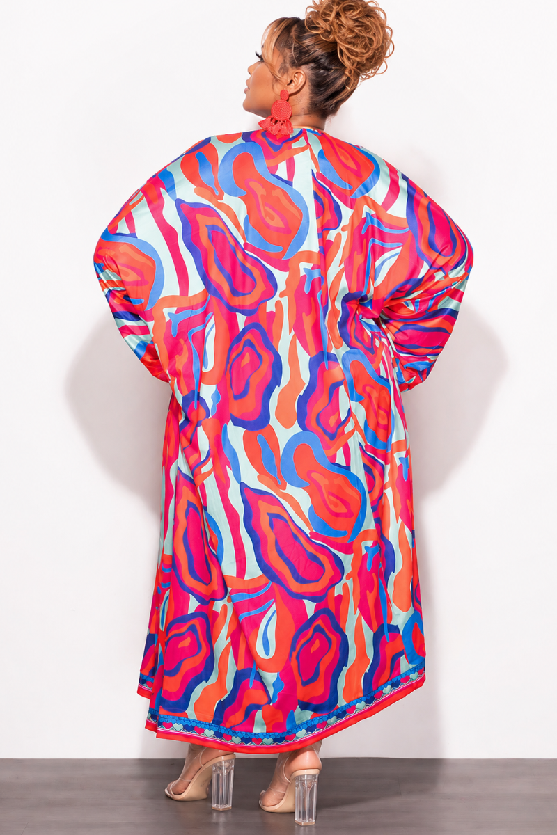 Final Sale Plus Size 2pc Set Duster & Shorts in Pink & Orange Mixed Print