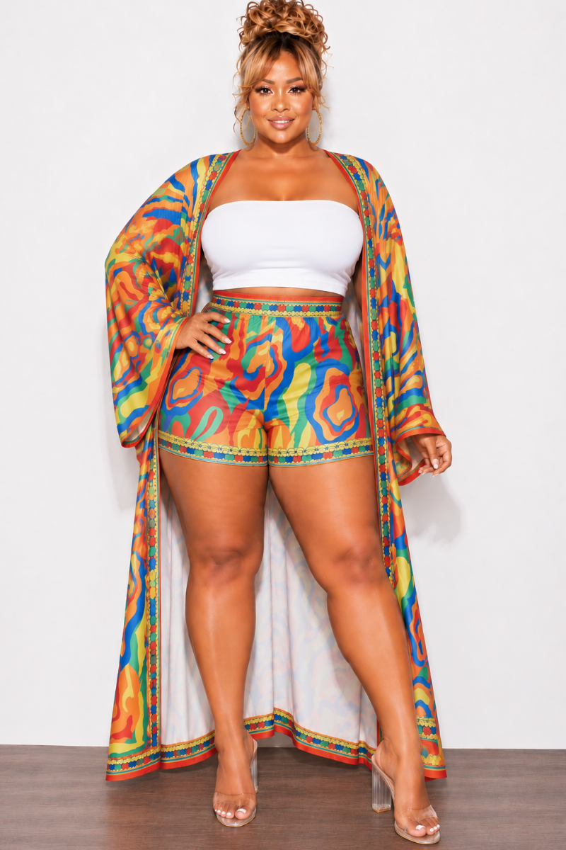 Final Sale Plus Size 2pc Set Duster & Shorts in Yellow Mixed Print