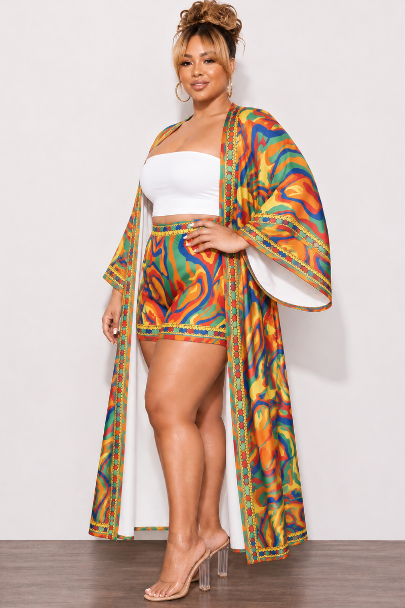 Final Sale Plus Size 2pc Set Duster & Shorts in Yellow Mixed Print
