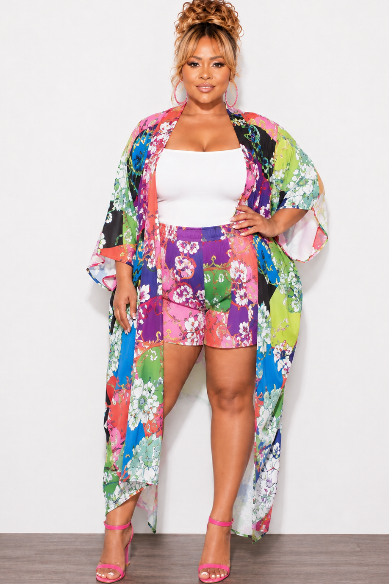 Final Sale Plus Size 2pc Set Jersey Cocoon Satin Duster & Shorts in Multi Color Design Print