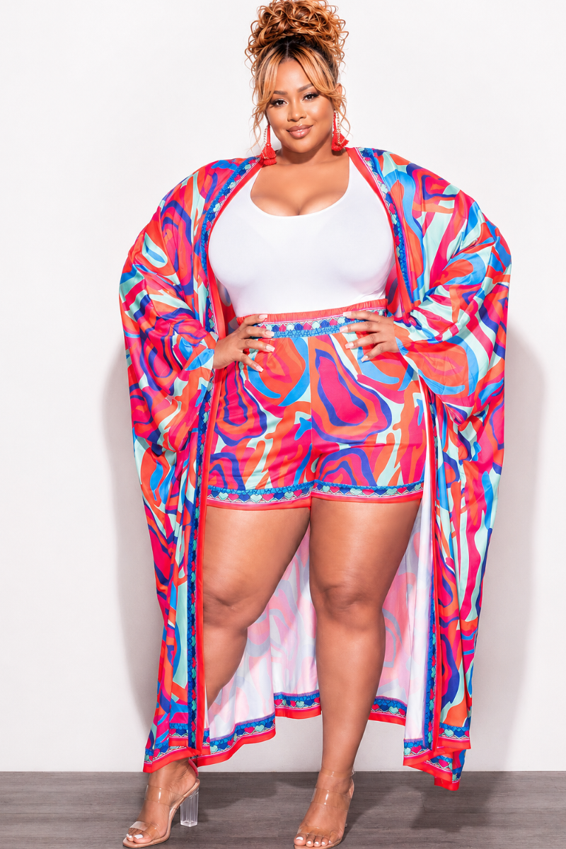 Final Sale Plus Size 2pc Set Duster & Shorts in Pink & Orange Mixed Print