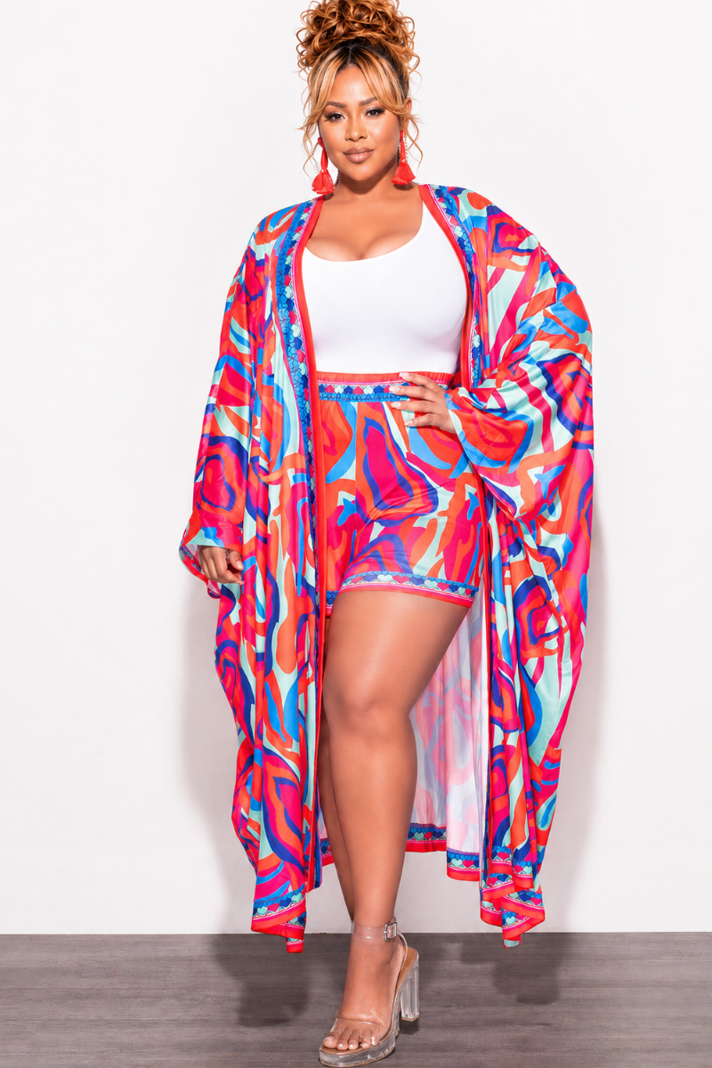Final Sale Plus Size 2pc Set Duster & Shorts in Pink & Orange Mixed Print
