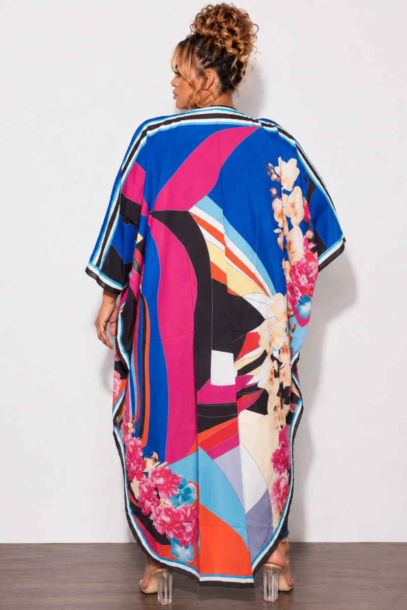Final Sale Plus Size Caftan in Royal Blue Multi Color Floral Print