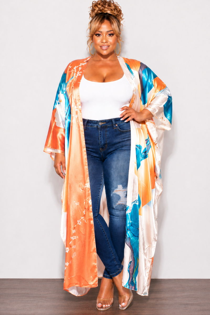 Final Sale Plus Size Caftan in Orange & Turquoise Multi Color Floral Print