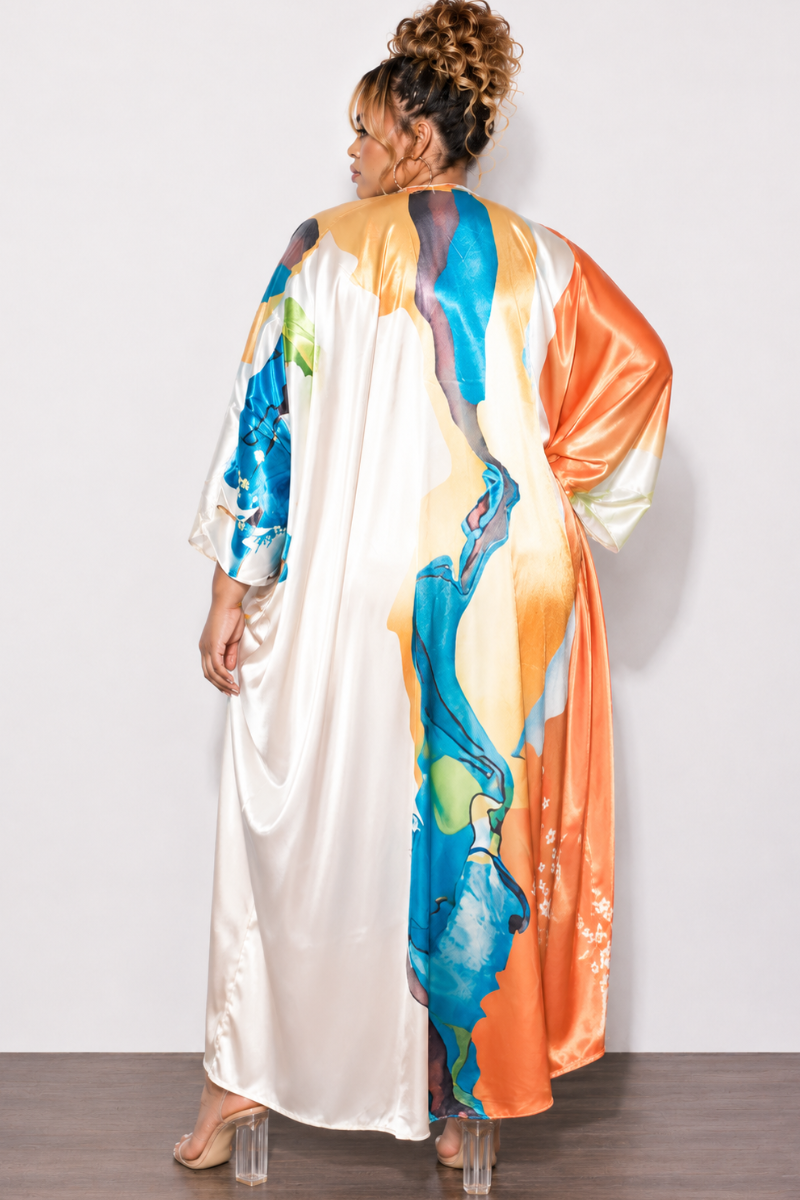Final Sale Plus Size Caftan in Orange & Turquoise Multi Color Floral Print