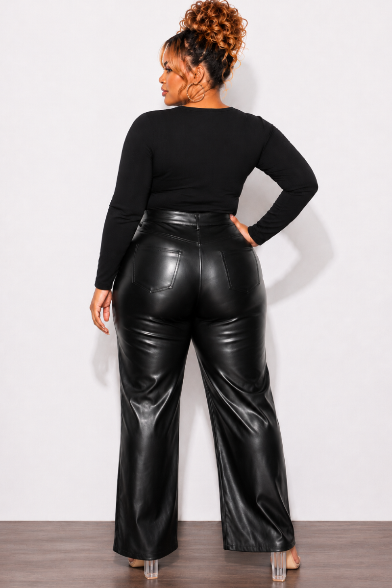 Final Sale Plus Size Faux Leather Bell Bottom Pants in Black