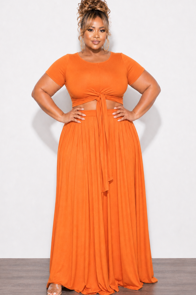 Final Sale Plus Size 2pc Short Sleeve Tie Top and Skirt Set in Orange