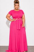 Final Sale Plus Size 2pc Short Sleeve Tie Top and Skirt Set in Hot Pink