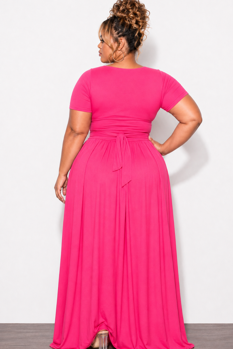Final Sale Plus Size 2pc Short Sleeve Tie Top and Skirt Set in Hot Pink