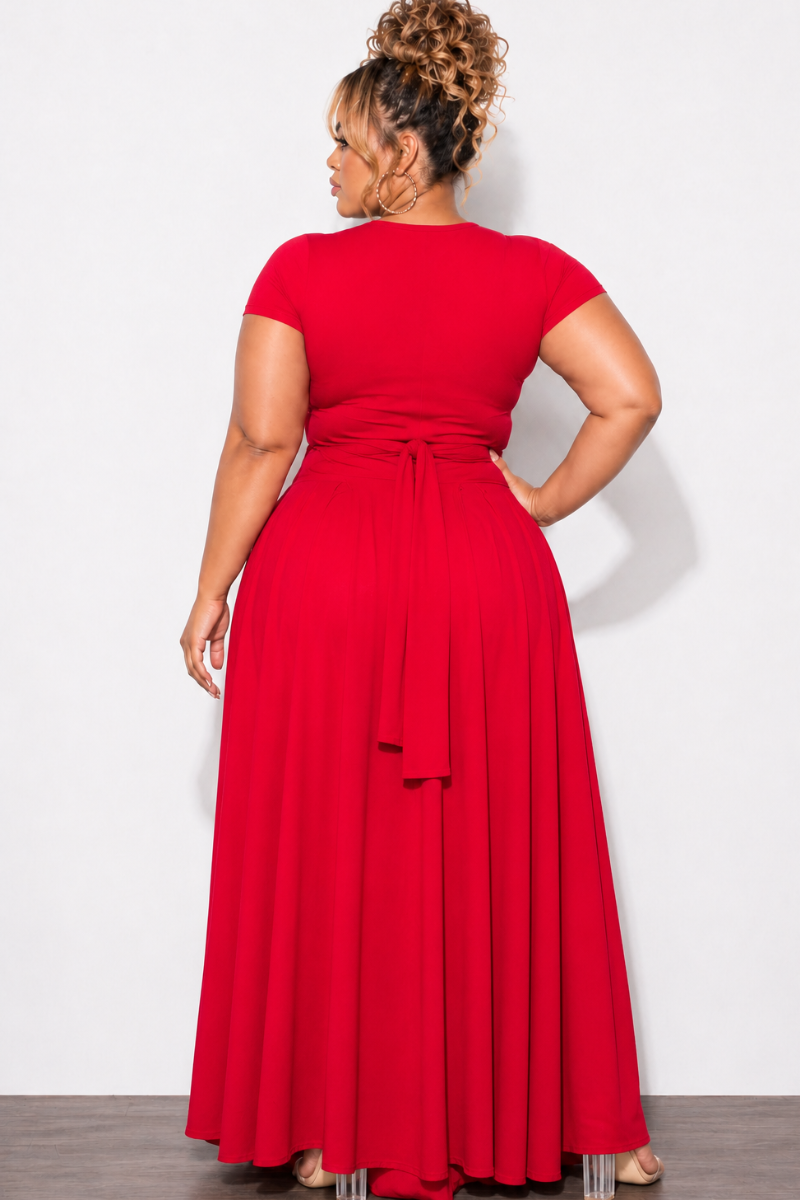 Final Sale Plus Size 2pc Short Sleeve Tie Top and Skirt Set in Red