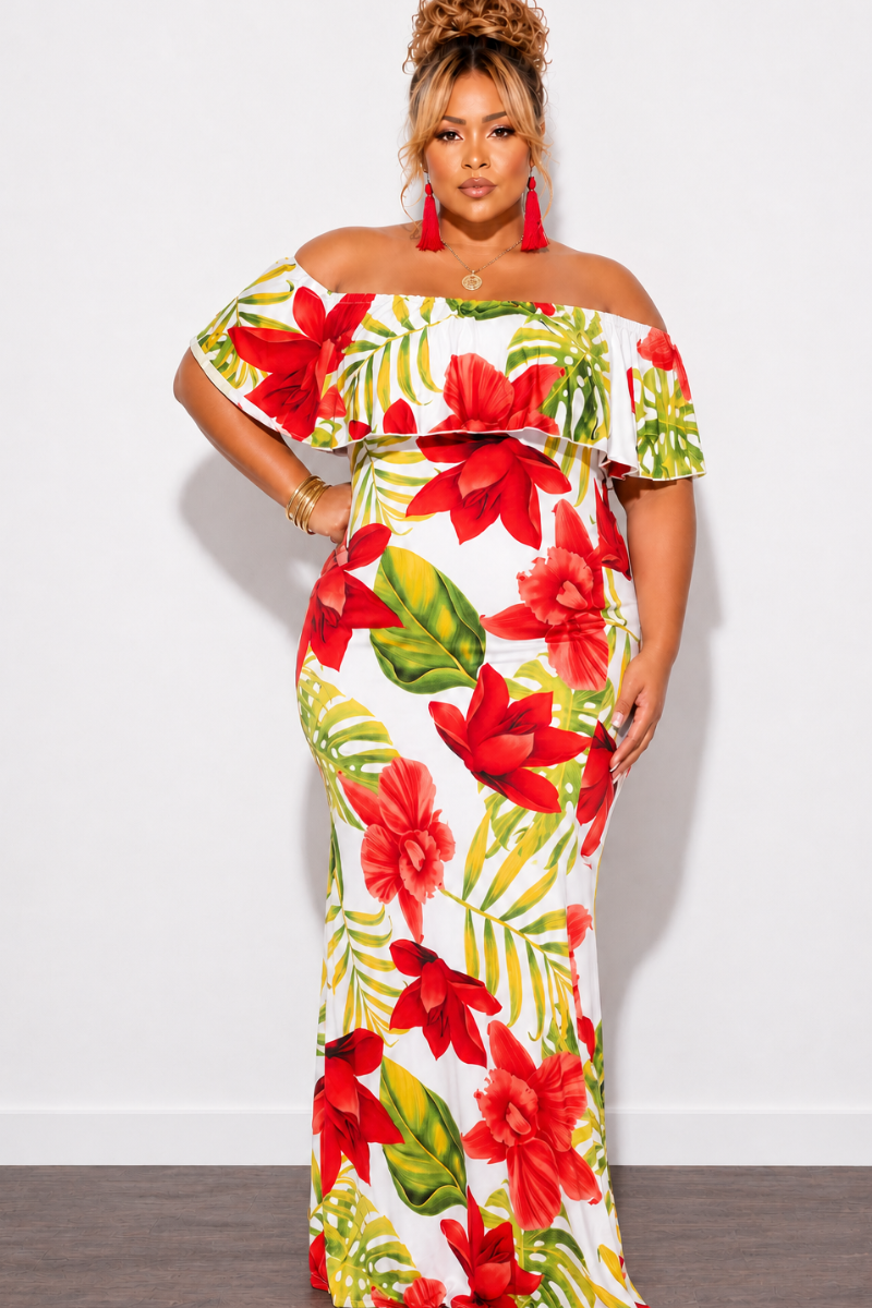 Final Sale Plus Size Off the Shoulder Ruffle Overlay Maxi Gown in White, Red, and Green Floral Print
