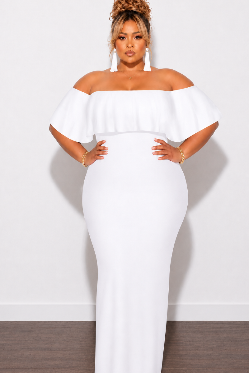 Final Sale Plus Size Off the Shoulder Ruffle Overlay Maxi Gown in White