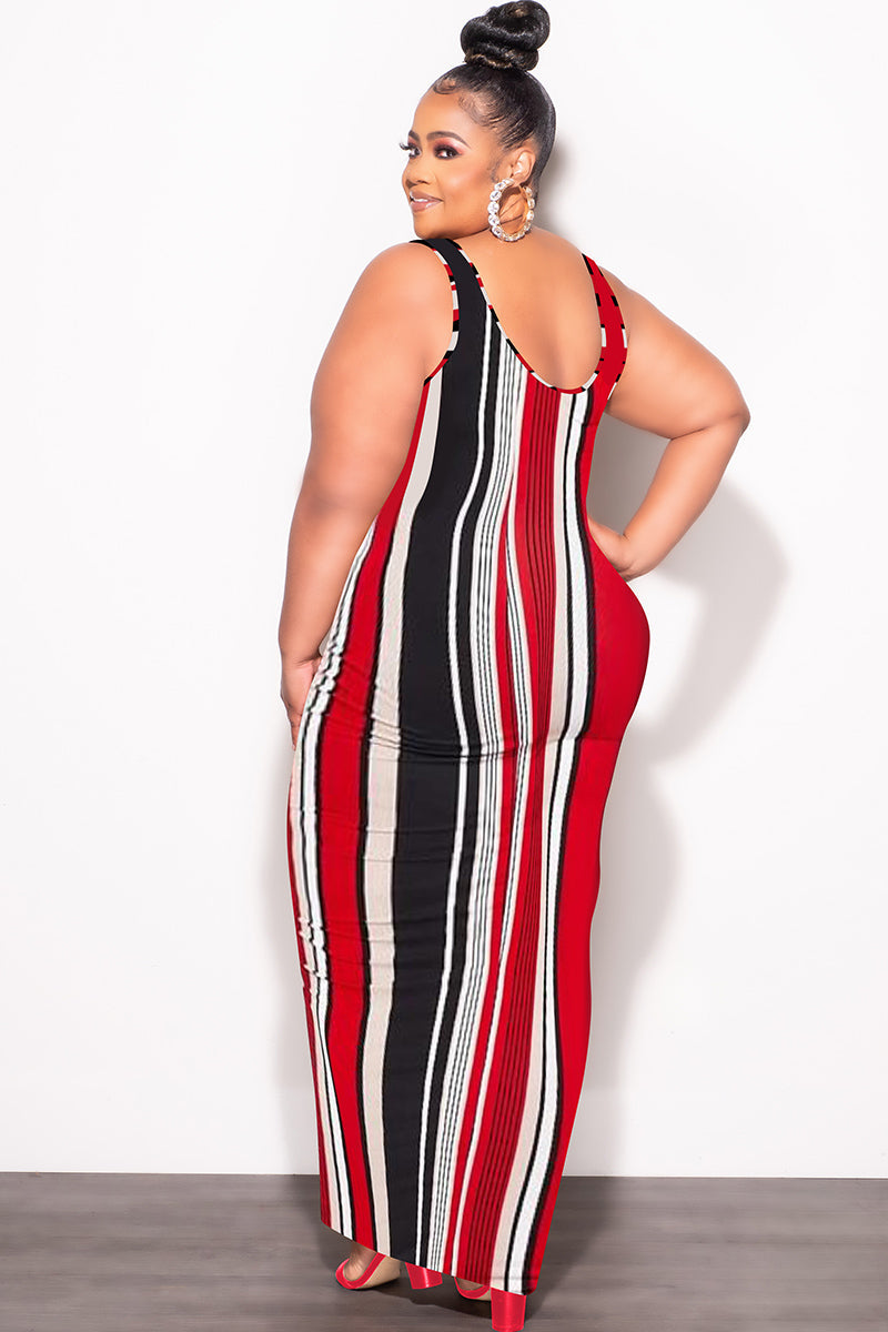 Final Sale Plus Size Sleeveless Maxi Dress with Waist Tie in Red Black and White Stripe Print