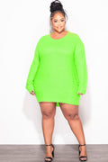 Final Sale Plus Size Long Sleeve Round Neck Knitted Tunic Dress in Neon Green