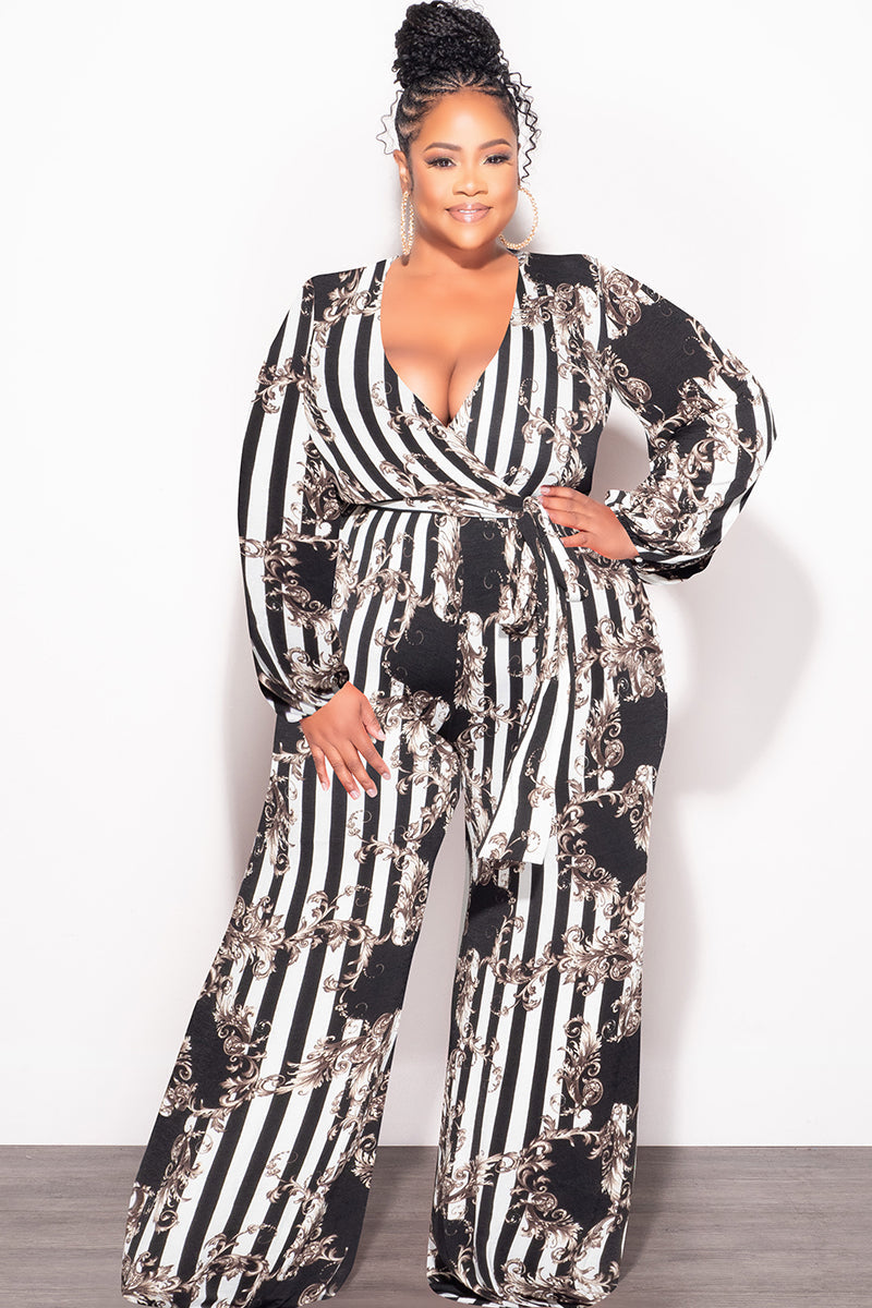 Final Sale Plus Size Deep V Jumpsuit with Tie in Black and White Stripe Print Fall