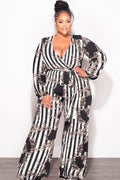 Final Sale Plus Size Deep V Jumpsuit with Tie in Black and White Stripe Print Fall