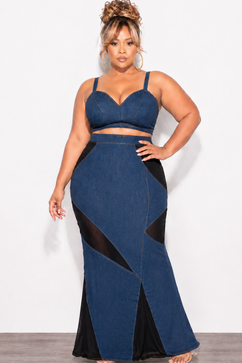 Final Sale Plus Size 2pc Spaghetti Strap Crop Top and Sheer Maxi Skirt Set in Denim and Black