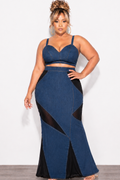 Final Sale Plus Size 2pc Spaghetti Strap Crop Top and Sheer Maxi Skirt Set in Denim and Black