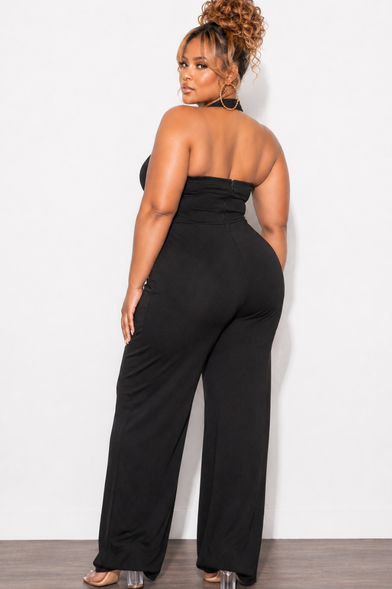 Final Sale Plus Size Faux Wrap Halter Jumpsuit in Black